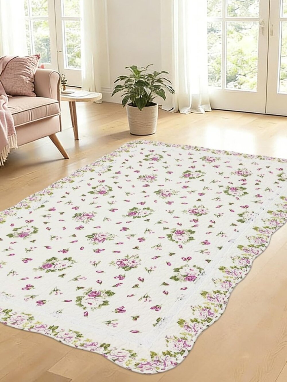 3x5 Rose Flower Area Rug, Natural Cotton Runner, Shabby Rose Flower Buds Vintage